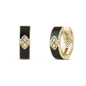 Elegant black and gold hoop earrings with diamond floral motifs for luxurious style.