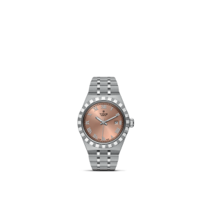Elegant Tudor wristwatch with stainless steel case, rose-gold dial, and stylish bracelet.