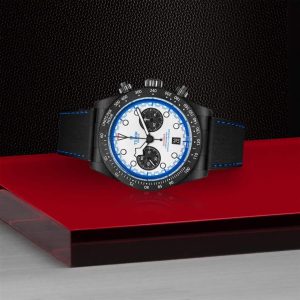 Luxury sports watch with chronograph features, bold accents, and stylish black leather strap.