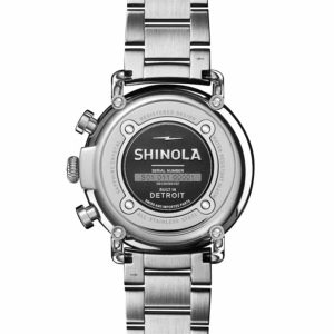 Shinola watch back view showcasing stainless steel, crafted in Detroit, with sapphire crystal and chronograph features.