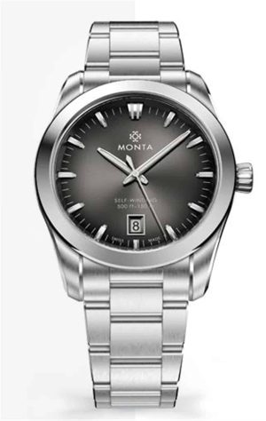 Elegant Monta stainless steel wristwatch with gray dial, luminous hands, and date function.