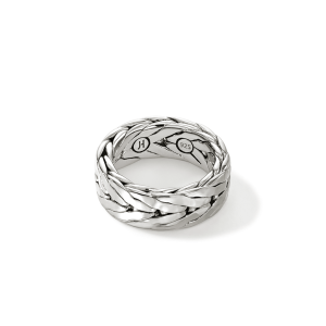 Elegant sterling silver woven ring with intricate braiding, perfect for any stylish occasion.