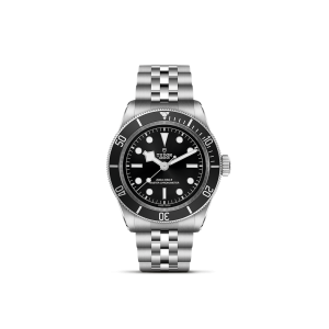 Tudor watch with stainless steel case, black dial, and sporty unidirectional bezel.