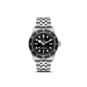 Tudor watch with stainless steel case, black dial, and sporty unidirectional bezel.