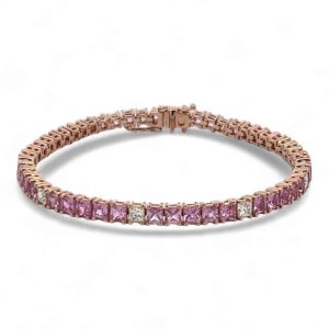 Elegant rose gold bracelet with pink gemstones and shimmering clear stones, perfect for any occasion.