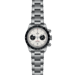 Elegant Tudor chronograph watch with stainless steel finish and sporty black tachymetric bezel.