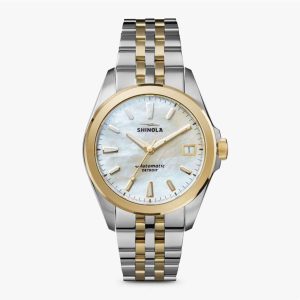 Elegant dual-tone automatic watch with mother-of-pearl dial and gold accents, perfect for any occasion.