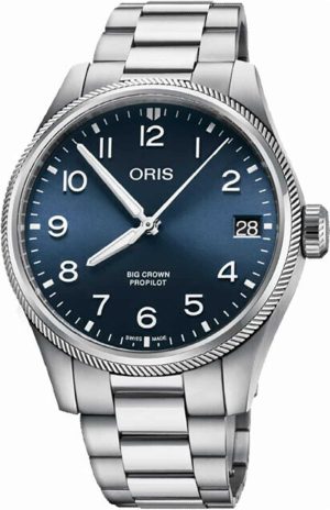 Oris Big Crown ProPilot watch in stainless steel with a deep blue dial and large crown.
