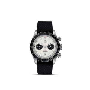 Tudor stainless steel chronograph watch with black strap, elegant design, and sporty features.