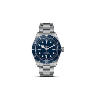 Tudor luxury diving watch features a marine blue dial and stainless steel bracelet for adventure.
