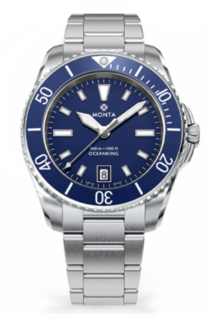 Luxurious MONTA Oceanking dive watch features a vibrant blue dial and stainless steel bracelet.