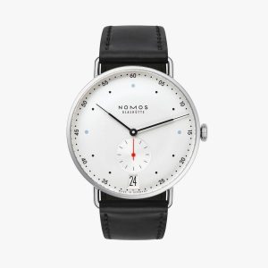 NOMOS Glashütte minimalist stainless steel watch with white dial and black leather strap.