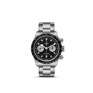 Stunning Tudor chronograph watch with black dial, stainless steel bracelet, and sporty precision.