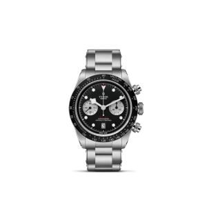 Stunning Tudor chronograph watch with black dial, stainless steel bracelet, and sporty precision.