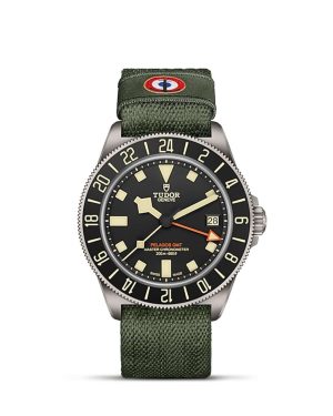 Tudor Pelagos GMT watch with titanium case, black dial, and olive-green fabric strap.