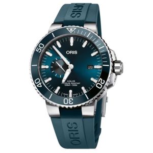 Oris Aquis dive watch features a navy blue gradient dial and durable rubber strap.
