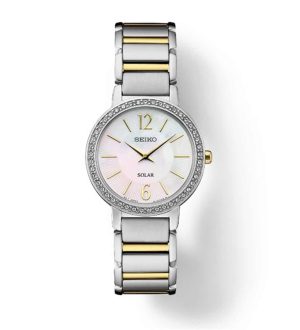 Elegant Seiko solar watch with sparkling stones, iridescent dial, and dual-tone strap.