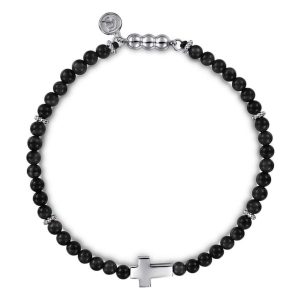 Stylish black bead bracelet with silver cross charm, perfect for casual and formal occasions.
