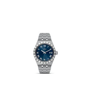 Elegant Tudor watch with blue dial, Roman numerals, and stainless steel bracelet.