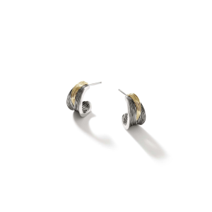 Sterling Silver and 18 KT Yellow Gold Bamboo Striated J Hoop Earrings