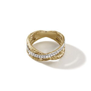 18 KT Yellow Gold Classic Chain Hammered Finish Diamond Pave Palu Crossover Ring