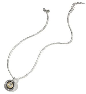 Sterling Silver & 18Kt Yellow Gold Classic Chain Hammered Pendant with Sapphires and Spinel