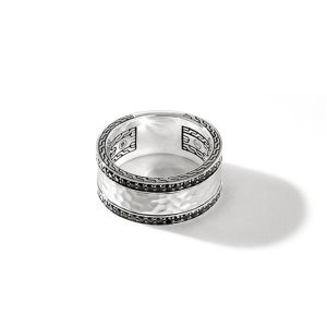 Sterling Silver Classic Chain Hammered 10mm Band with Black Sapphire and Black Spinel