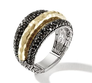 Sterling Silver & 18Kt Yellow Gold Classic Chain Hammered Ring with Black Sapphire and Black Spinel