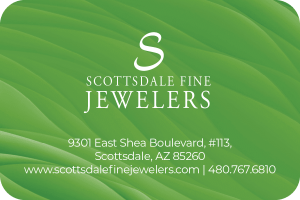 Elegant Scottsdale Fine Jewelers business card featuring luxury design, contact details, and branding logo.